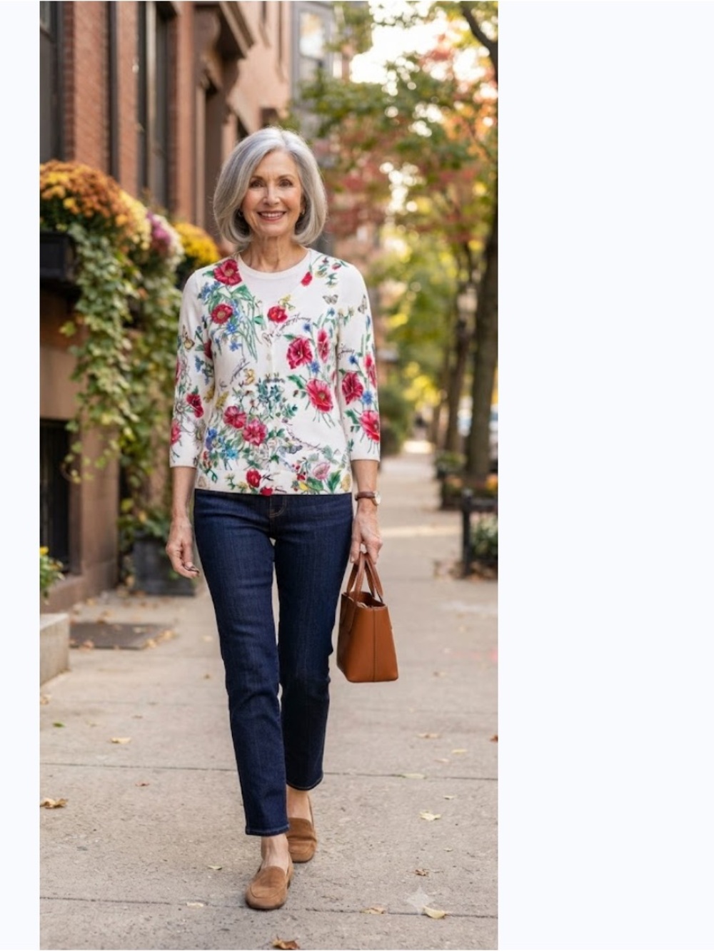 Talbots Charming Cardigan MP Medium Petite White Poppy Botanical Floral"